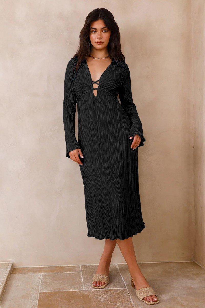 WOMEN SEXY DEEP TIED NECK COZY HOMEWEAR DRESS