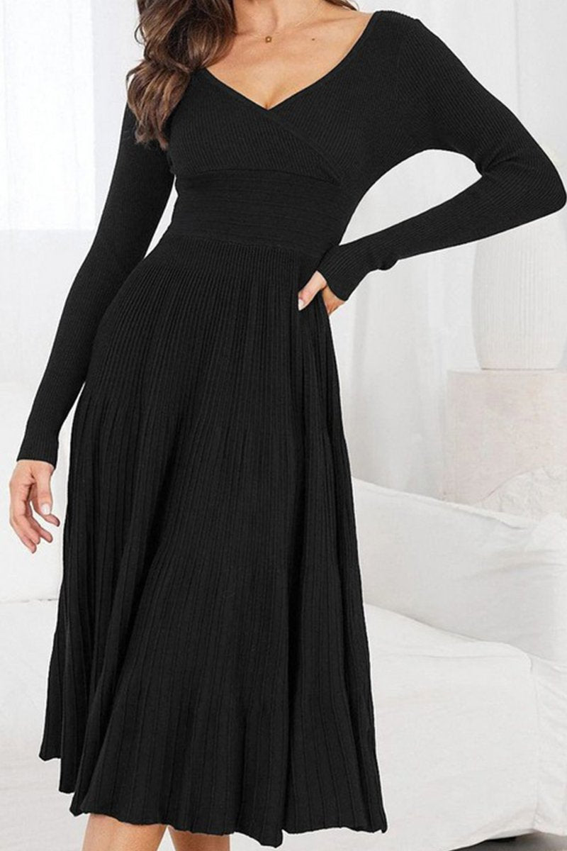 WOMEN HIGH WAIST V NECK TIGHT LONG SLEEVE DRESS