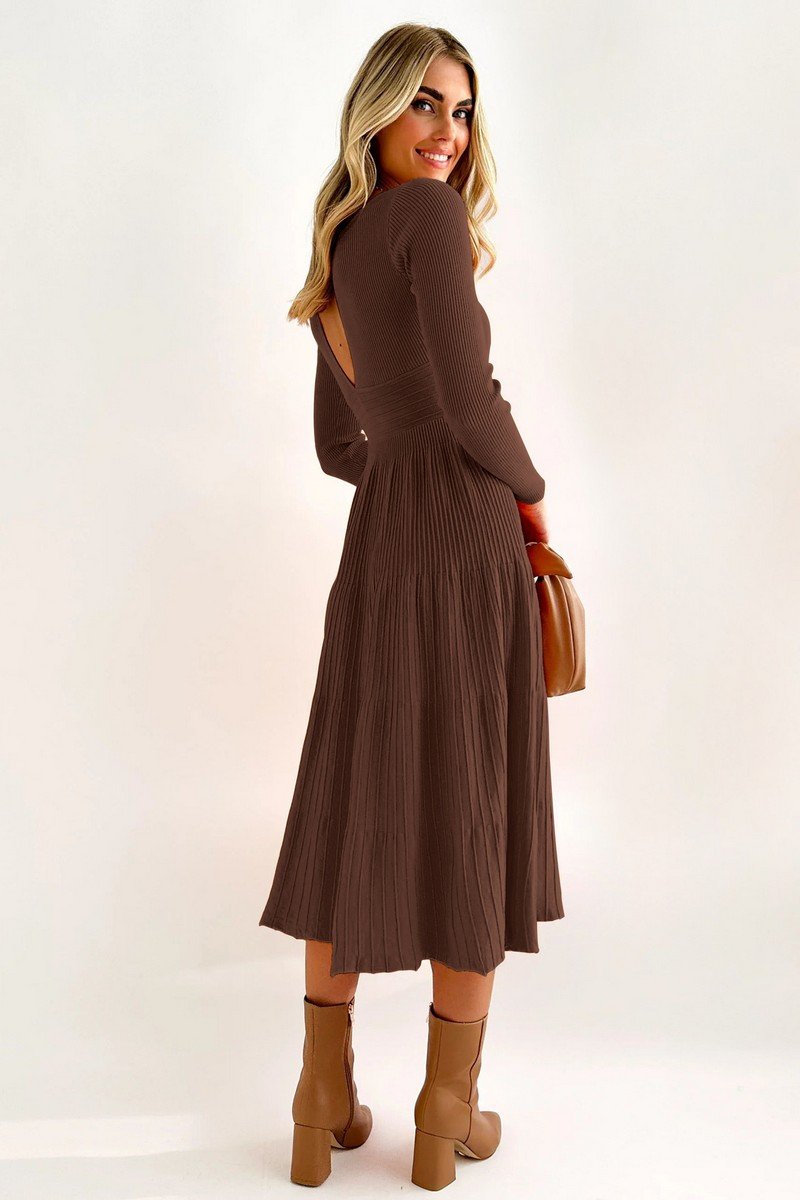 WOMEN HIGH WAIST V NECK TIGHT LONG SLEEVE DRESS