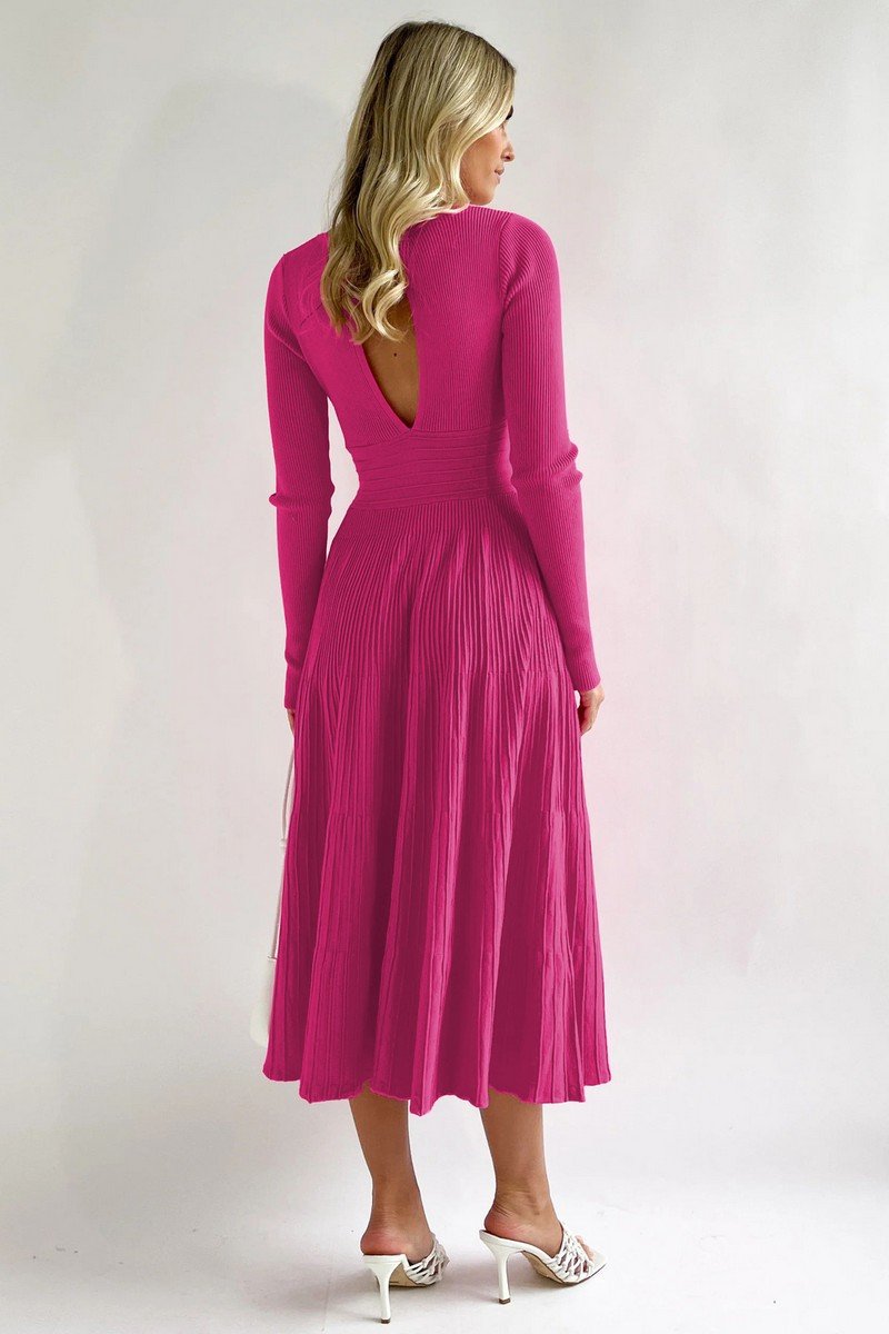 WOMEN HIGH WAIST V NECK TIGHT LONG SLEEVE DRESS