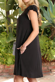 WOMENS RUFFLE CAP SLEEVE BOAT NECKLINE DRAPED SHORT DRESS