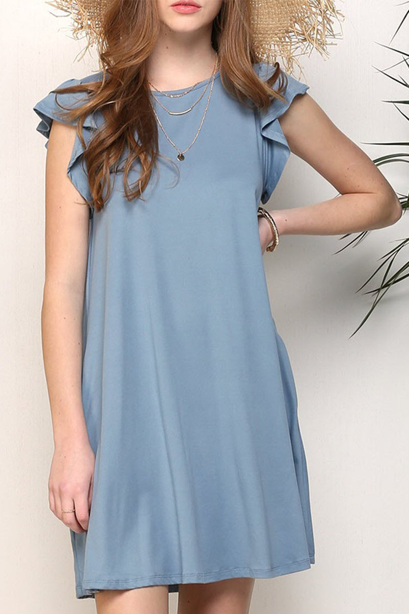 WOMENS RUFFLE CAP SLEEVE BOAT NECKLINE DRAPED SHORT DRESS