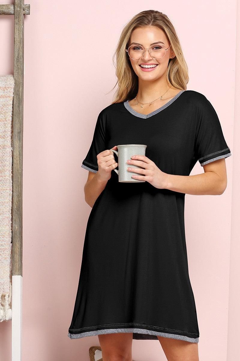 V-NECK SHORT SLEEVE SLEEPWEAR DRESS - Doublju