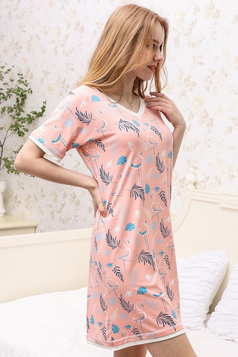 V-NECK SHORT SLEEVE SLEEPWEAR DRESS - Doublju