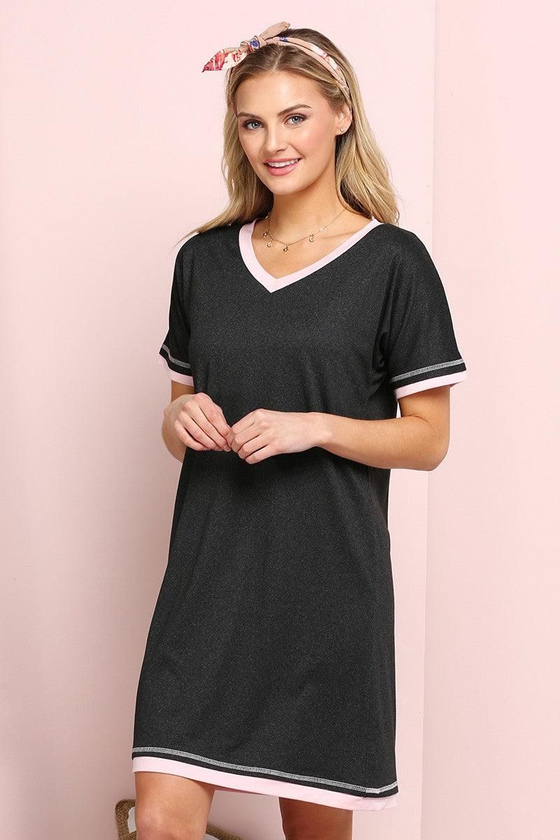 V-NECK SHORT SLEEVE SLEEPWEAR DRESS - Doublju