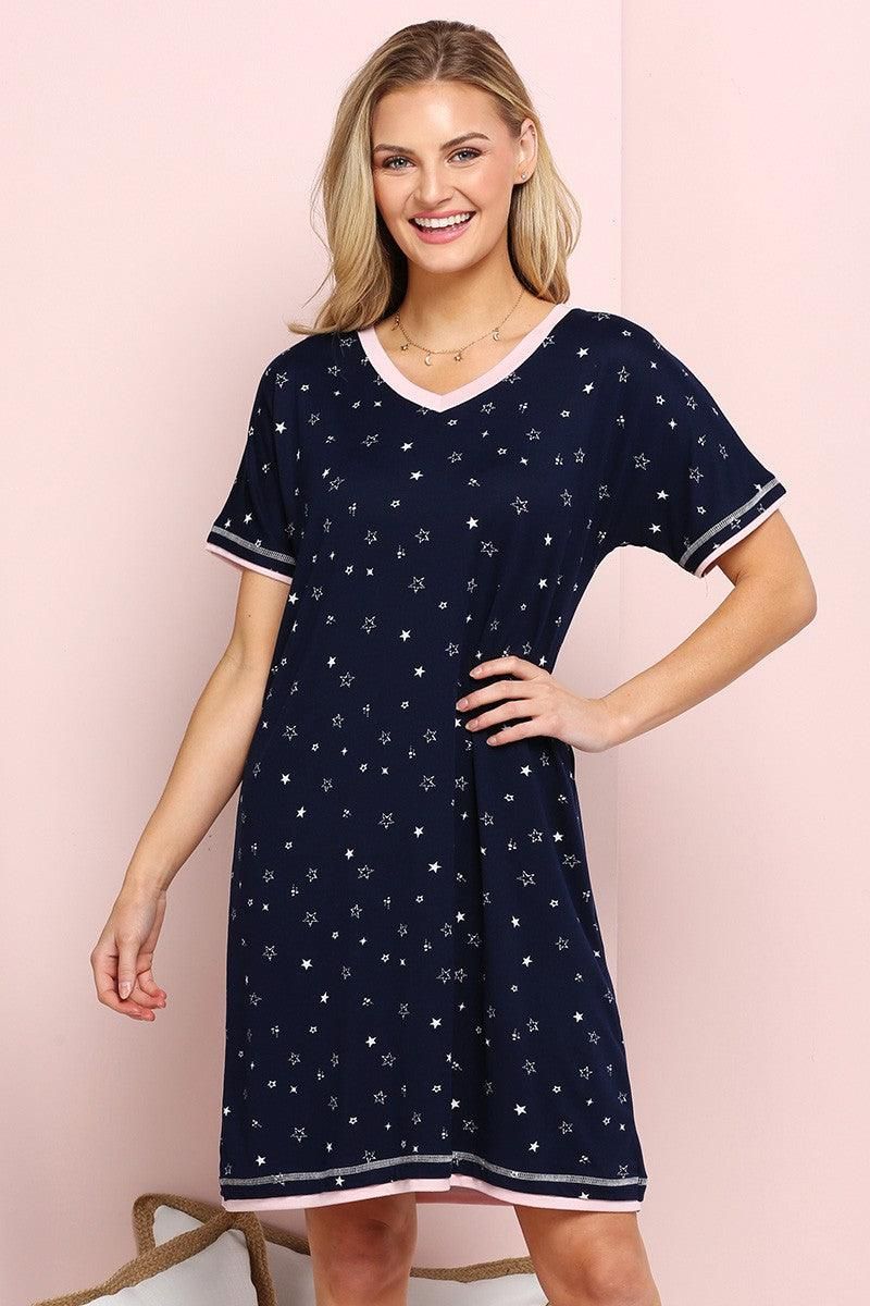 V-NECK SHORT SLEEVE SLEEPWEAR DRESS - Doublju