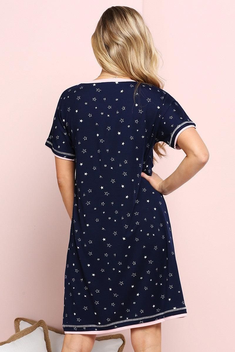 V-NECK SHORT SLEEVE SLEEPWEAR DRESS - Doublju