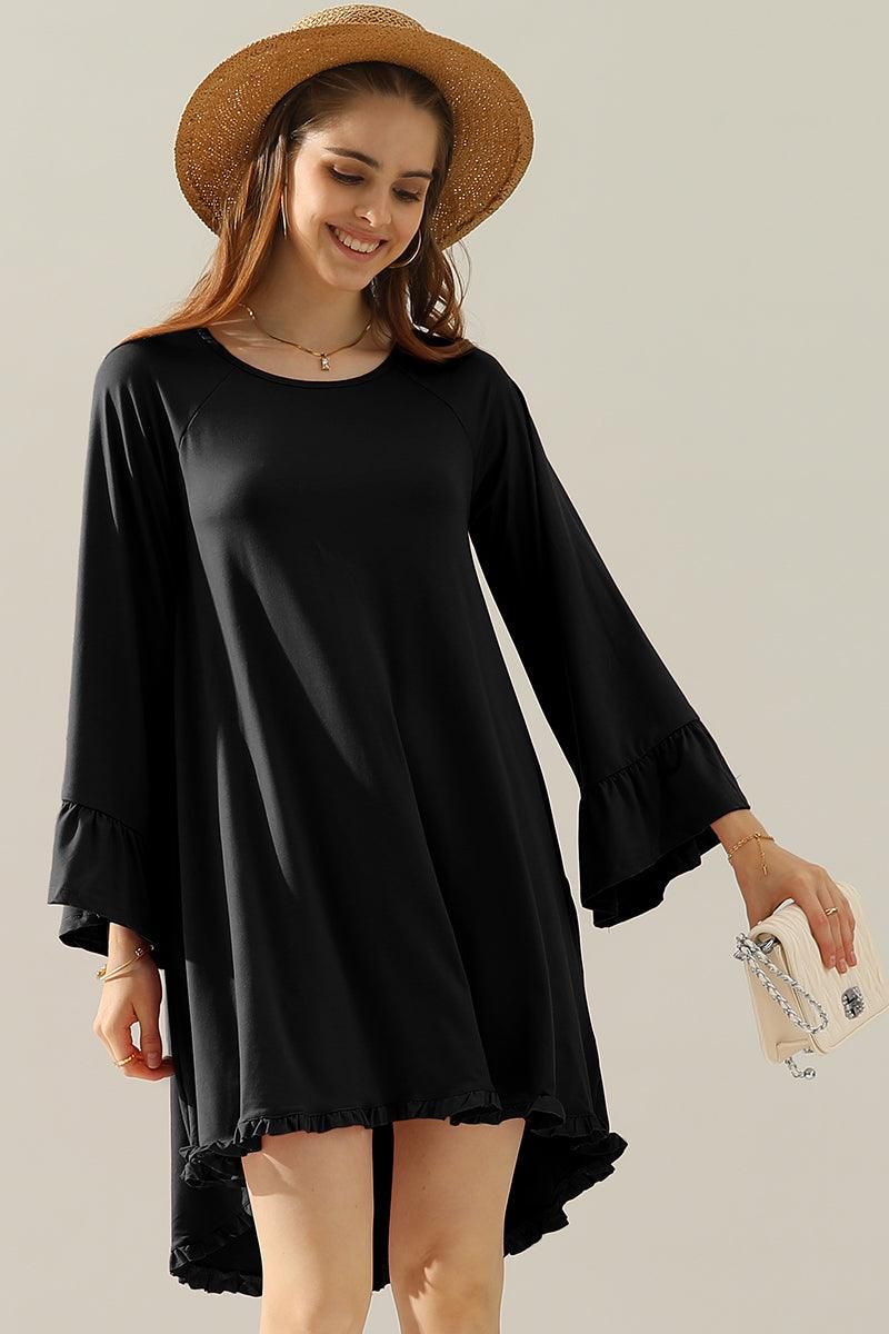 RUFFLE DETAIL LONG SLEEVE DRESS WITH SIDE POCKET - Doublju