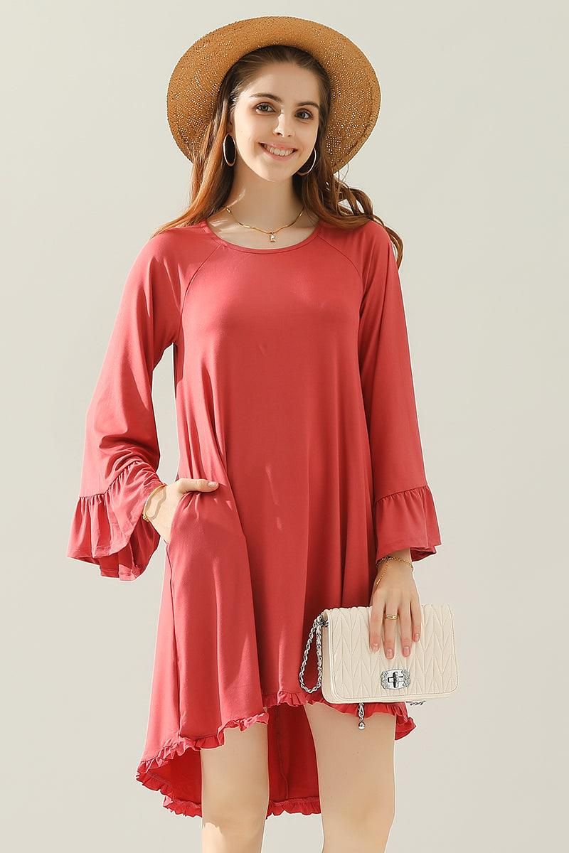 RUFFLE DETAIL LONG SLEEVE DRESS WITH SIDE POCKET - Doublju