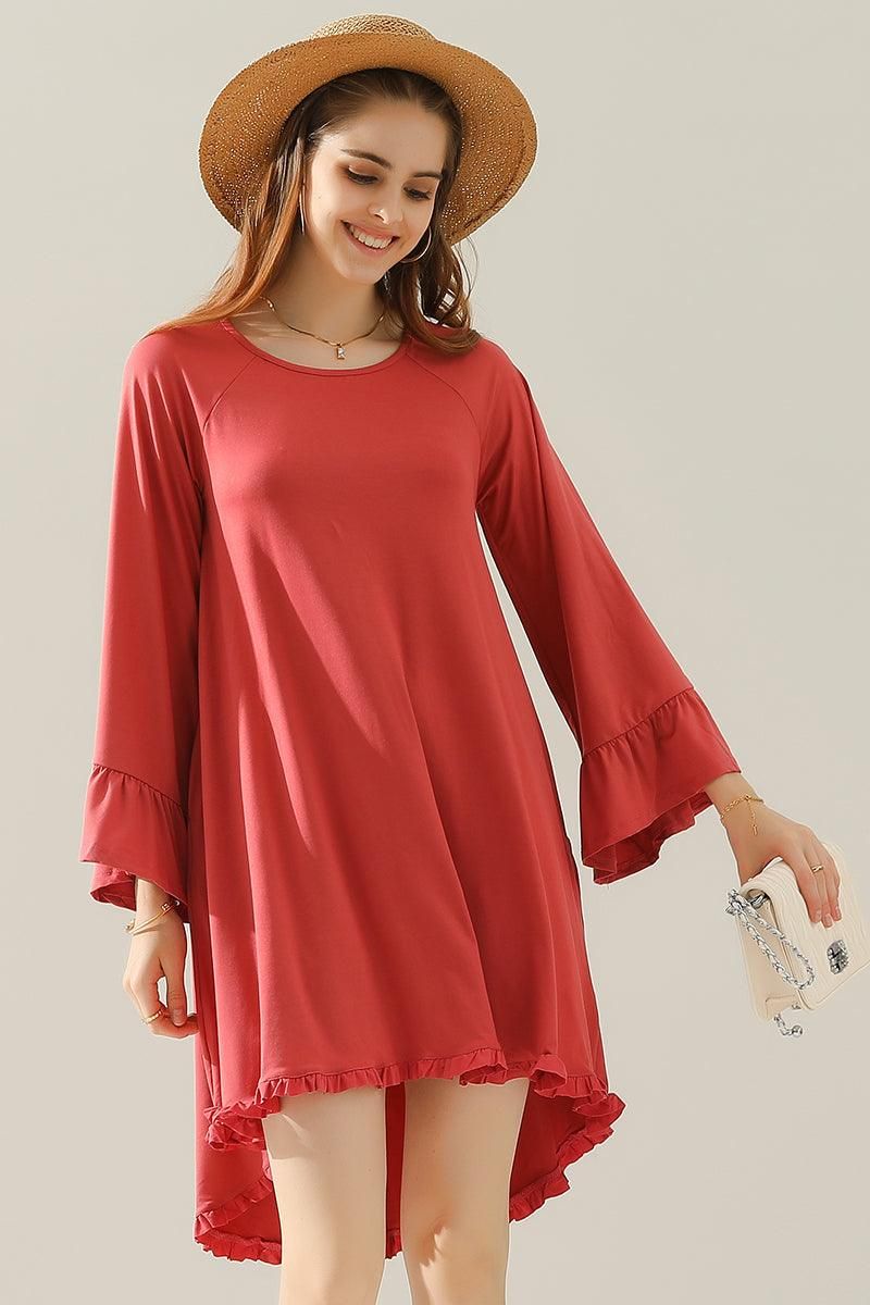 RUFFLE DETAIL LONG SLEEVE DRESS WITH SIDE POCKET - Doublju