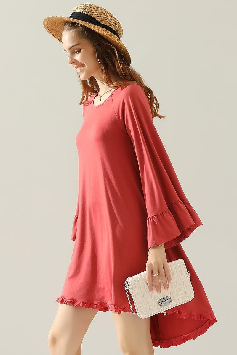 RUFFLE DETAIL LONG SLEEVE DRESS WITH SIDE POCKET - Doublju