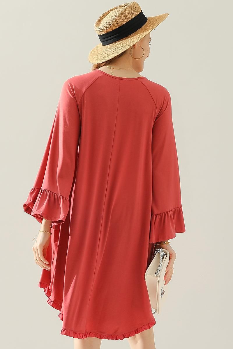 RUFFLE DETAIL LONG SLEEVE DRESS WITH SIDE POCKET - Doublju