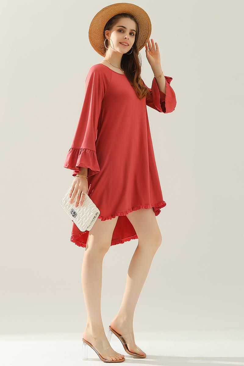 RUFFLE DETAIL LONG SLEEVE DRESS WITH SIDE POCKET - Doublju