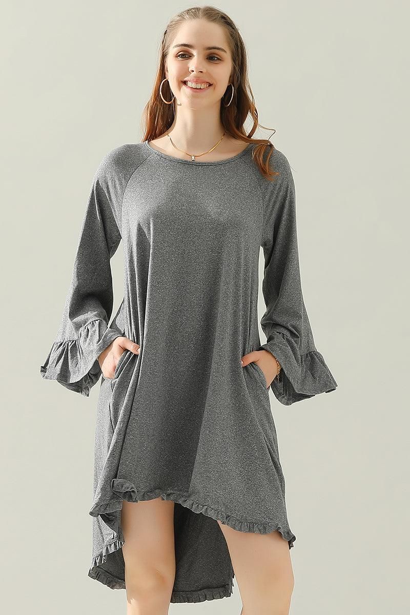 RUFFLE DETAIL LONG SLEEVE DRESS WITH SIDE POCKET - Doublju