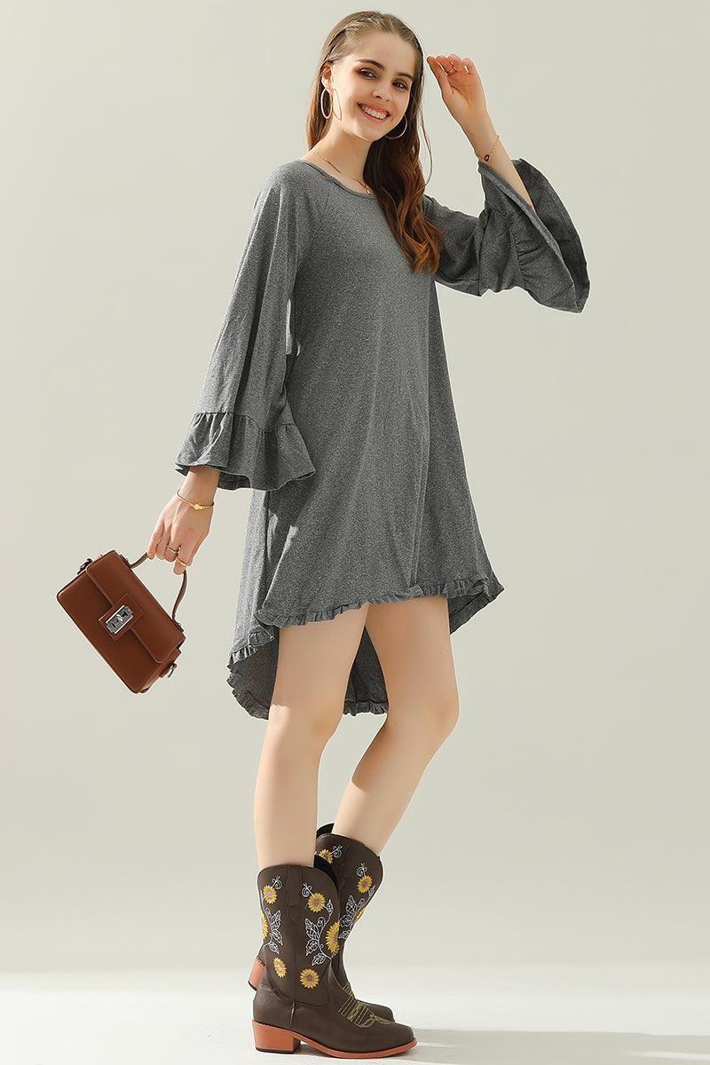 RUFFLE DETAIL LONG SLEEVE DRESS WITH SIDE POCKET - Doublju