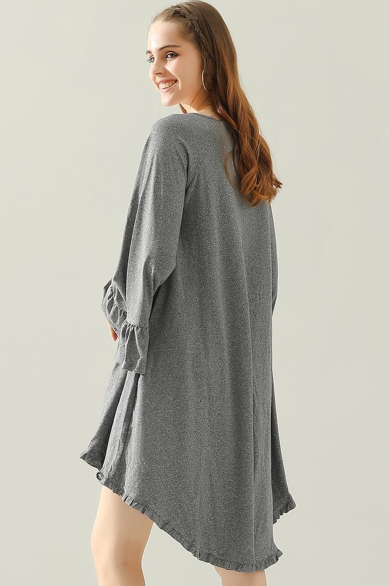 RUFFLE DETAIL LONG SLEEVE DRESS WITH SIDE POCKET - Doublju