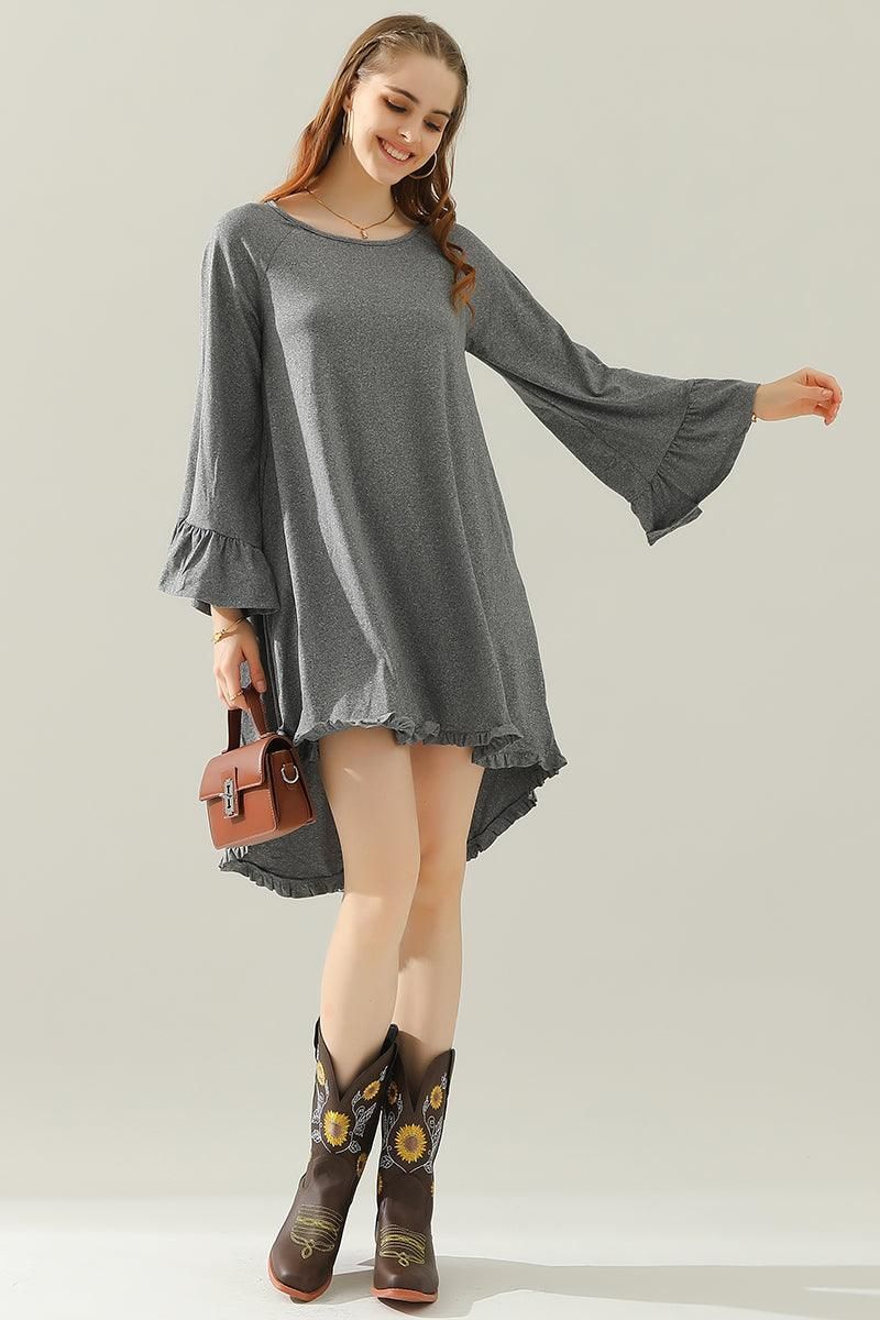 RUFFLE DETAIL LONG SLEEVE DRESS WITH SIDE POCKET - Doublju