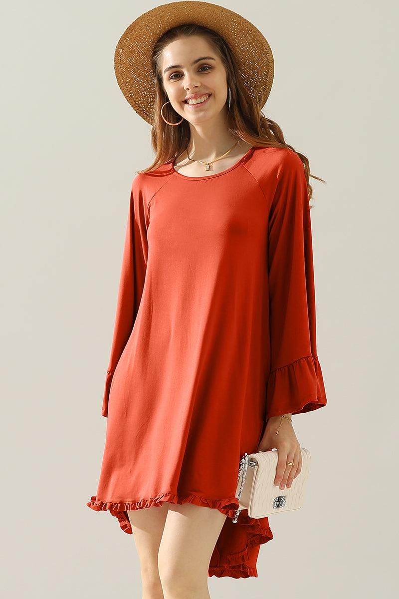 RUFFLE DETAIL LONG SLEEVE DRESS WITH SIDE POCKET - Doublju