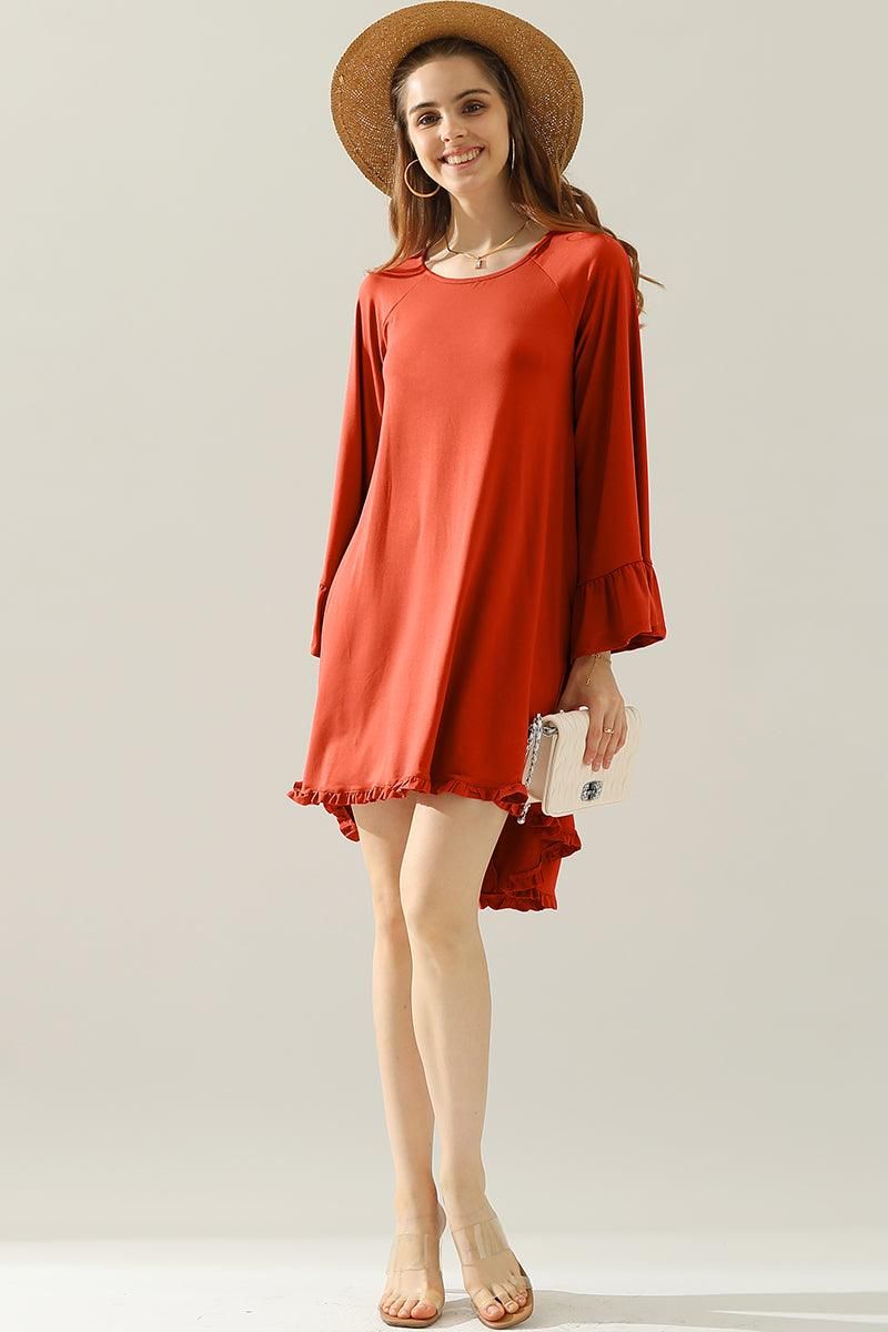 RUFFLE DETAIL LONG SLEEVE DRESS WITH SIDE POCKET - Doublju