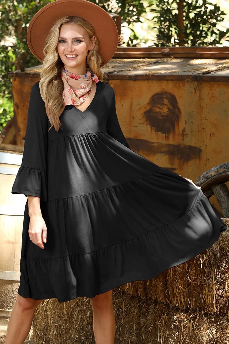 V NECK 3 TIERED RUFFLE DRESS WITH RUFFLE SLEEVE - Doublju