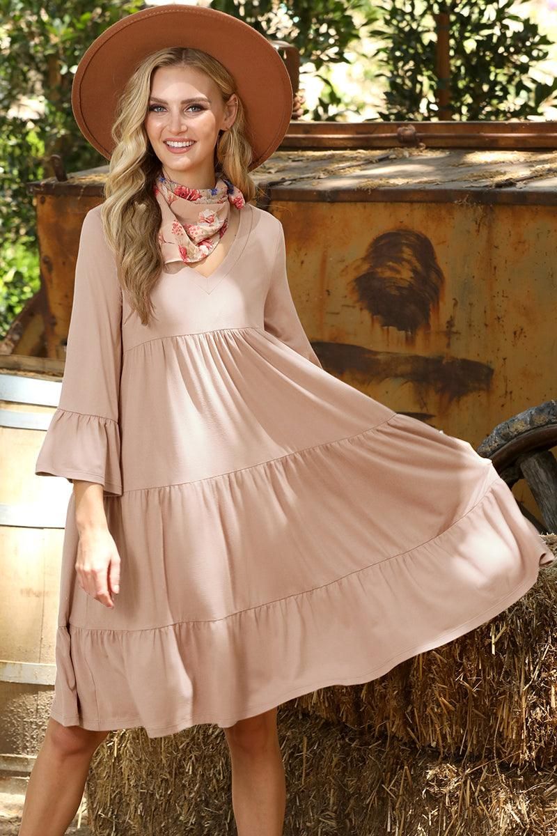 V NECK 3 TIERED RUFFLE DRESS WITH RUFFLE SLEEVE - Doublju