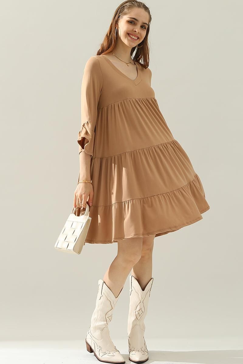 V NECK 3 TIERED RUFFLE DRESS WITH RUFFLE SLEEVE - Doublju