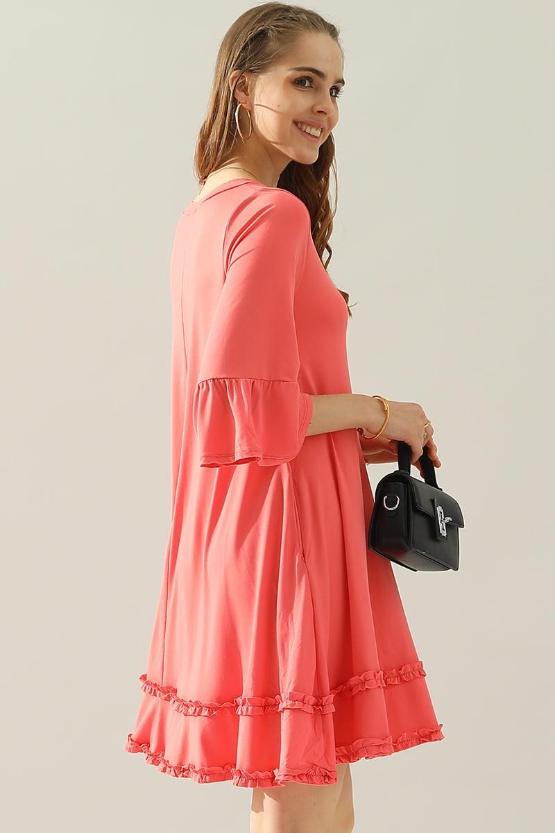 3/4 SLEEVE TIERED DRESS WITH SMALL RUFFLE DETAILS - Doublju