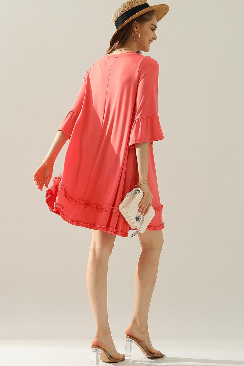 3/4 SLEEVE TIERED DRESS WITH SMALL RUFFLE DETAILS - Doublju