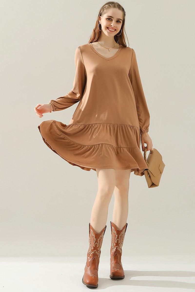 SHIRRING LAYERED HEM DRESS WITH LONG SLEEVE - Doublju