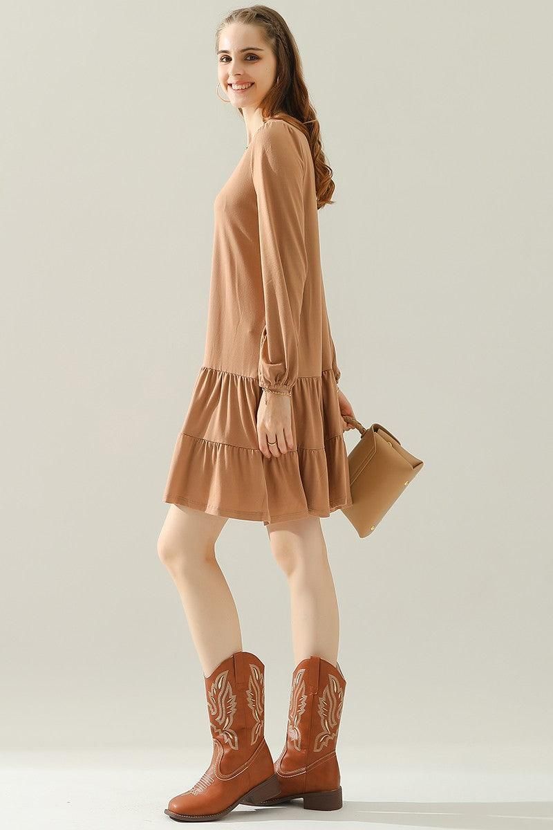 SHIRRING LAYERED HEM DRESS WITH LONG SLEEVE - Doublju