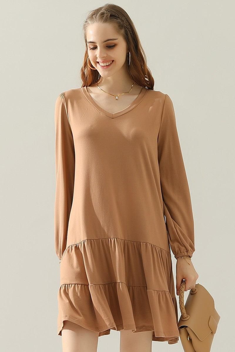 SHIRRING LAYERED HEM DRESS WITH LONG SLEEVE - Doublju