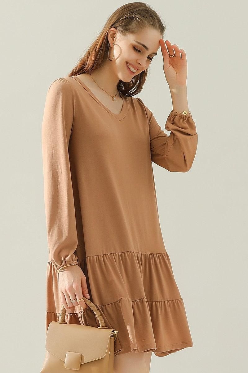 SHIRRING LAYERED HEM DRESS WITH LONG SLEEVE - Doublju