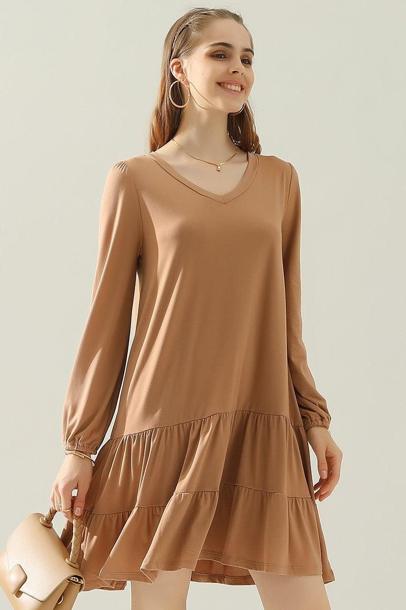 SHIRRING LAYERED HEM DRESS WITH LONG SLEEVE - Doublju