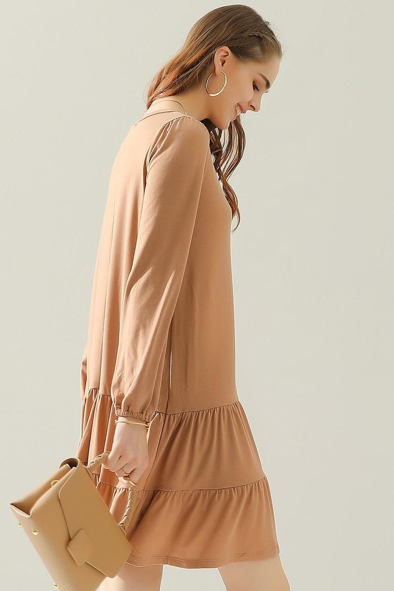 SHIRRING LAYERED HEM DRESS WITH LONG SLEEVE - Doublju