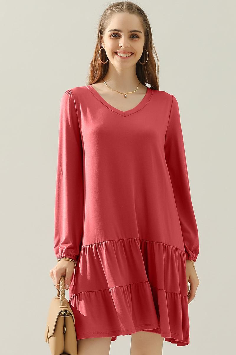 SHIRRING LAYERED HEM DRESS WITH LONG SLEEVE - Doublju