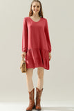 SHIRRING LAYERED HEM DRESS WITH LONG SLEEVE - Doublju