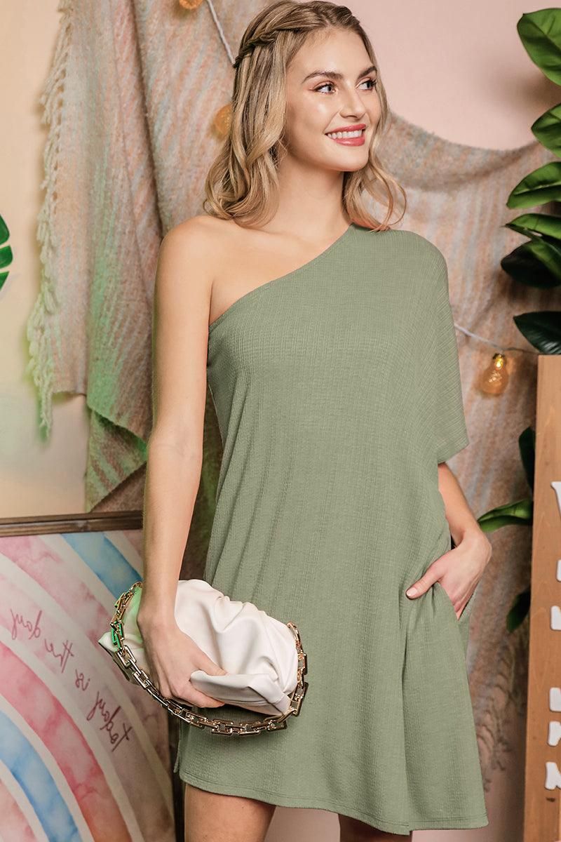 SOFT ONE SHOULDER SUMMER DRESS WITH SIDE POCKET - Doublju