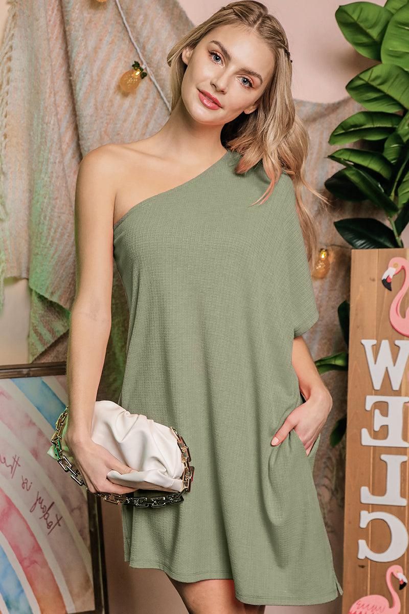 SOFT ONE SHOULDER SUMMER DRESS WITH SIDE POCKET - Doublju