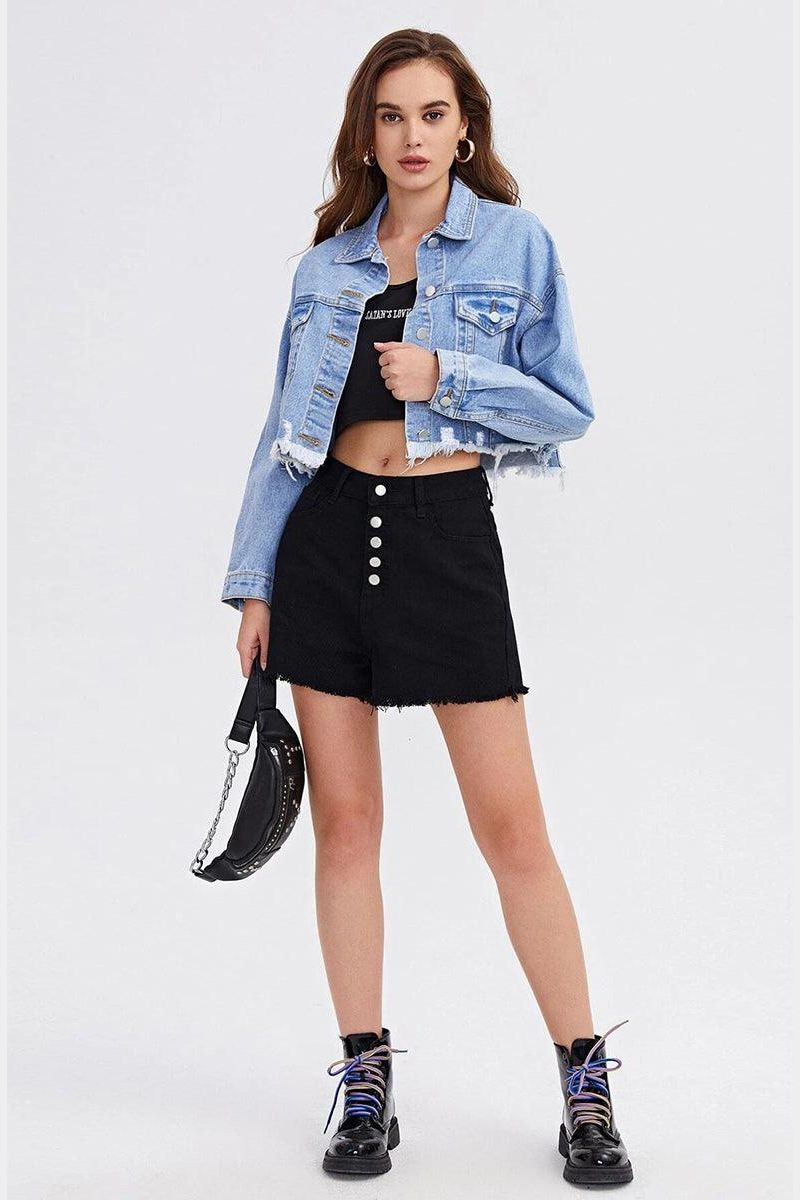 LONG SLEEVE BUTTON CLOSURE SHORT DENIM JACKET - Doublju