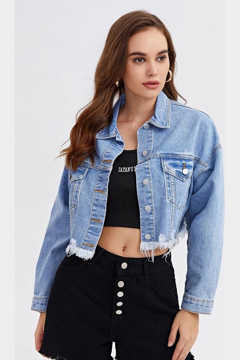 LONG SLEEVE BUTTON CLOSURE SHORT DENIM JACKET - Doublju