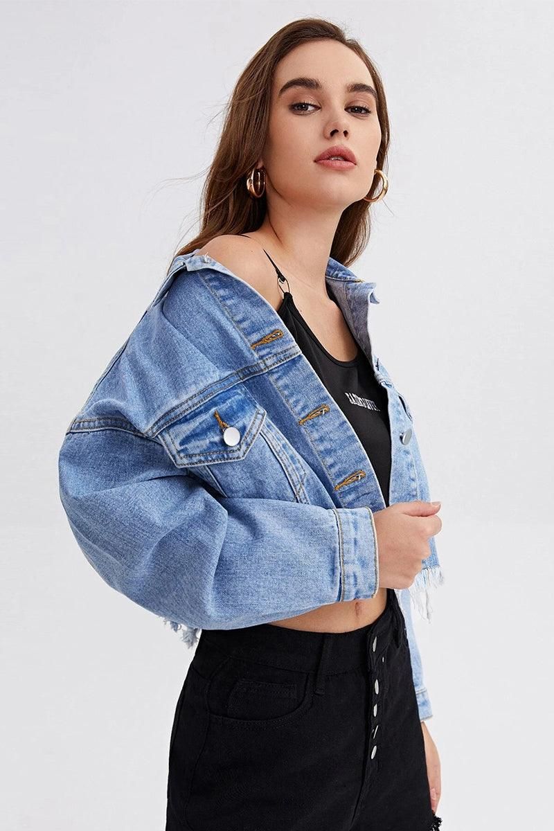 LONG SLEEVE BUTTON CLOSURE SHORT DENIM JACKET - Doublju