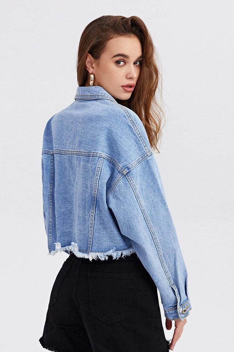 LONG SLEEVE BUTTON CLOSURE SHORT DENIM JACKET - Doublju