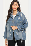 DISTRESSED BUTTON DOWN LONG SLEEVE DENIM JACKET - Doublju