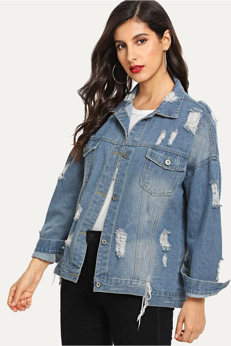 DISTRESSED BUTTON DOWN LONG SLEEVE DENIM JACKET - Doublju