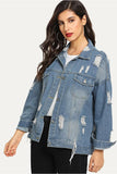 DISTRESSED BUTTON DOWN LONG SLEEVE DENIM JACKET - Doublju