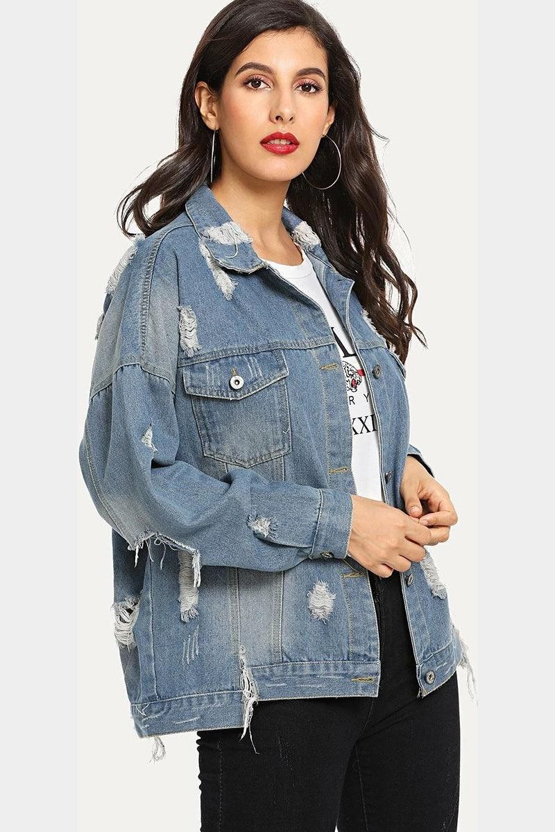 DISTRESSED BUTTON DOWN LONG SLEEVE DENIM JACKET - Doublju