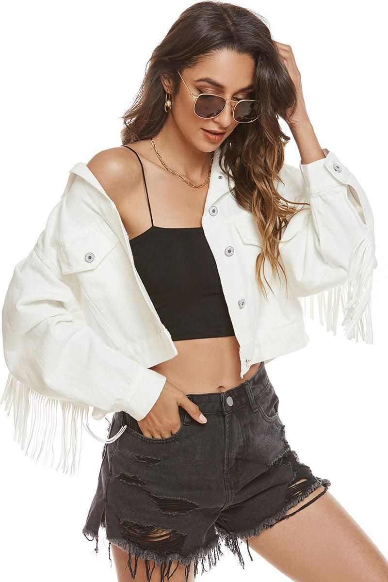 TASSEL DETAILED BUTTON CLOSURE CROP DENIM JACKET - Doublju