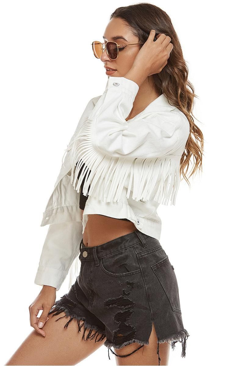 TASSEL DETAILED BUTTON CLOSURE CROP DENIM JACKET - Doublju