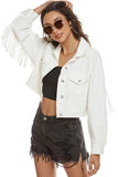 TASSEL DETAILED BUTTON CLOSURE CROP DENIM JACKET - Doublju