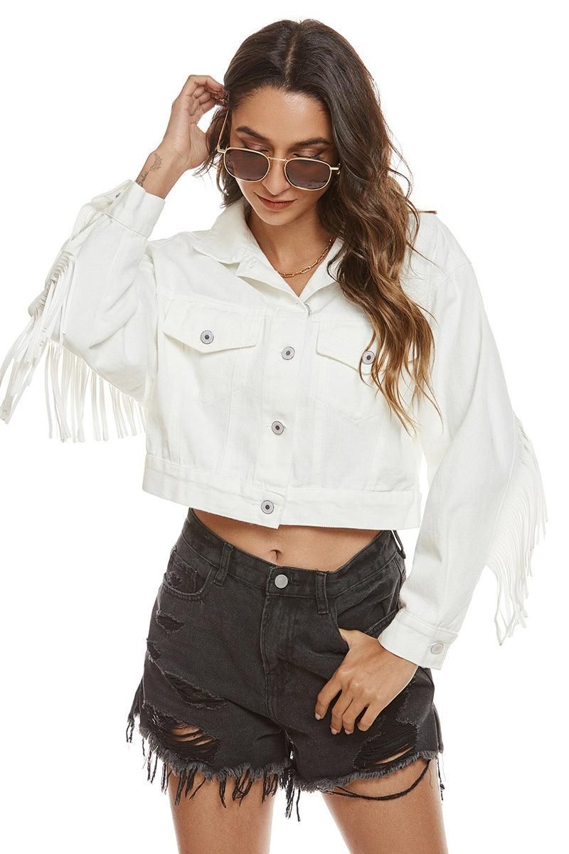 TASSEL DETAILED BUTTON CLOSURE CROP DENIM JACKET - Doublju